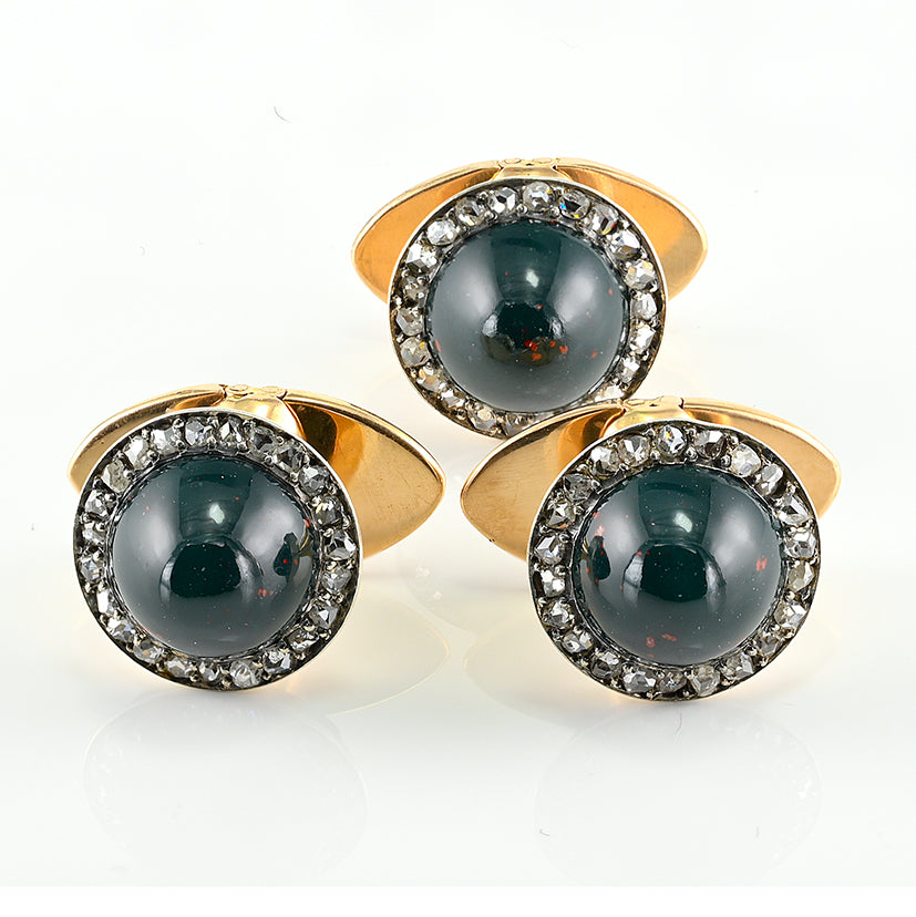 Antique Jasper and Rose Cut Diamond Cluster Cufflinks and Studs Suite