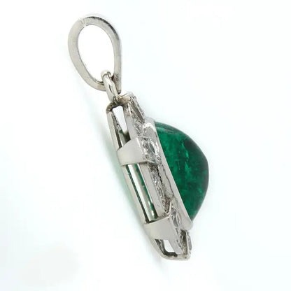 French Art Deco 4.8ct Cabochon Colombian Emerald and Old Cut Diamond Cluster Pendant in Platinum