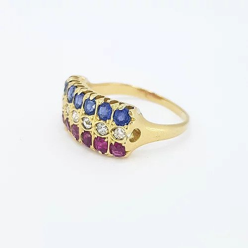 Ruby, Sapphire and Diamond Three Row Ring in 18ct Yellow Gold