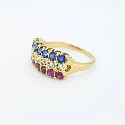 Ruby, Sapphire and Diamond Three Row Ring in 18ct Yellow Gold