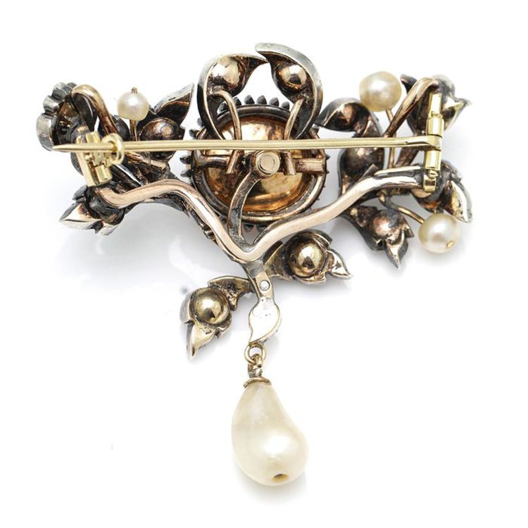 Antique Victorian Garnet, Rose Cut Diamond and Natural Pearl Brooch