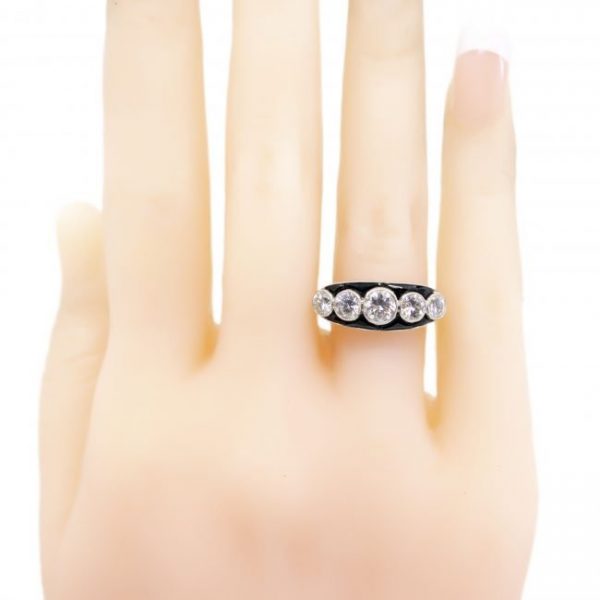 Vintage Diamond, Onyx and Platinum Five-Stone Ring, 1.25 carat total