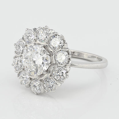 Late Art Deco Certified D VS 1.35ct Diamond Daisy Cluster Engagement Ring in Platinum, 3.19 carat total