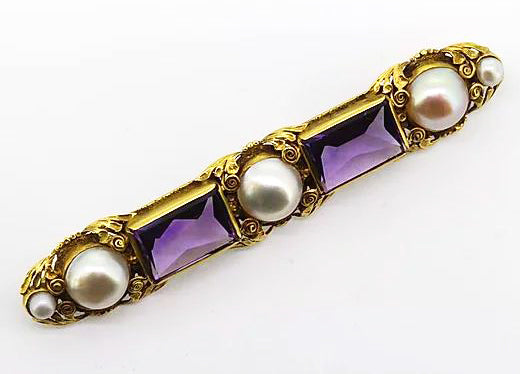 Antique Victorian Amethyst and Pearl Brooch, set in Gold