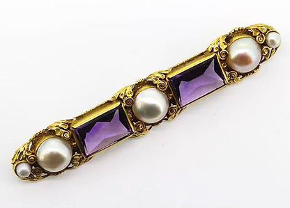 Antique Victorian Amethyst and Pearl Brooch, set in Gold