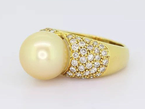 Vintage 11mm Golden South Sea Pearl and Diamond Bombe Ring, in 18ct yellow gold.