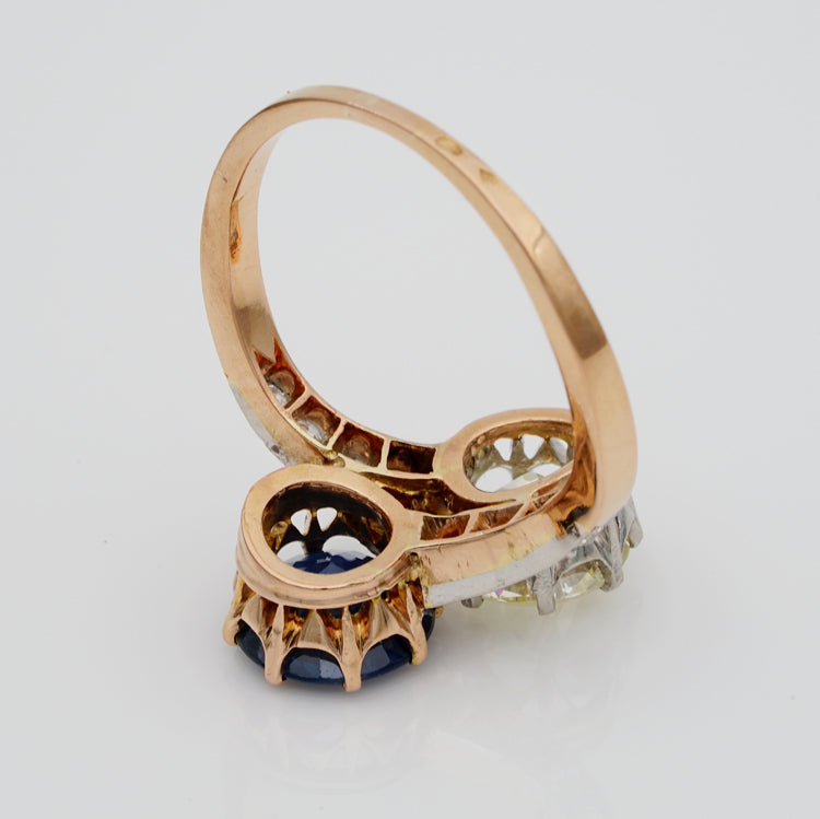 Edwardian Antique 2.30ct Natural Sapphire and 1.70ct Old Cut Diamond Toi et Moi Two Stone Crossover Engagement Ring