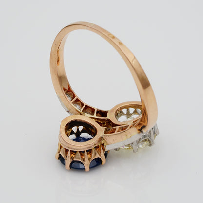 Edwardian Antique 2.30ct Natural Sapphire and 1.70ct Old Cut Diamond Toi et Moi Two Stone Crossover Engagement Ring
