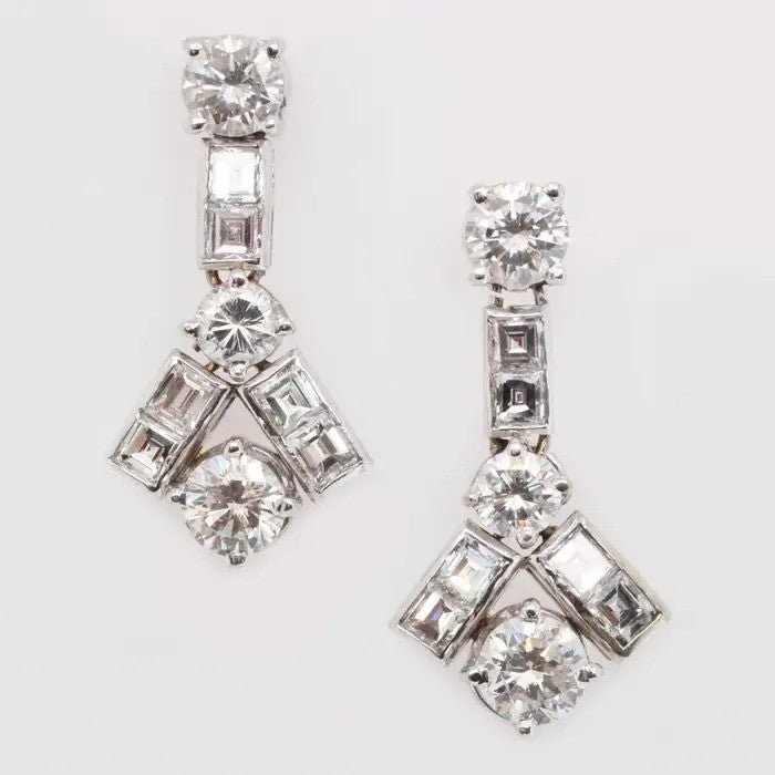 Vintage 4ct Brilliant and Princess Cut Diamond Geometric Drop Earrings
