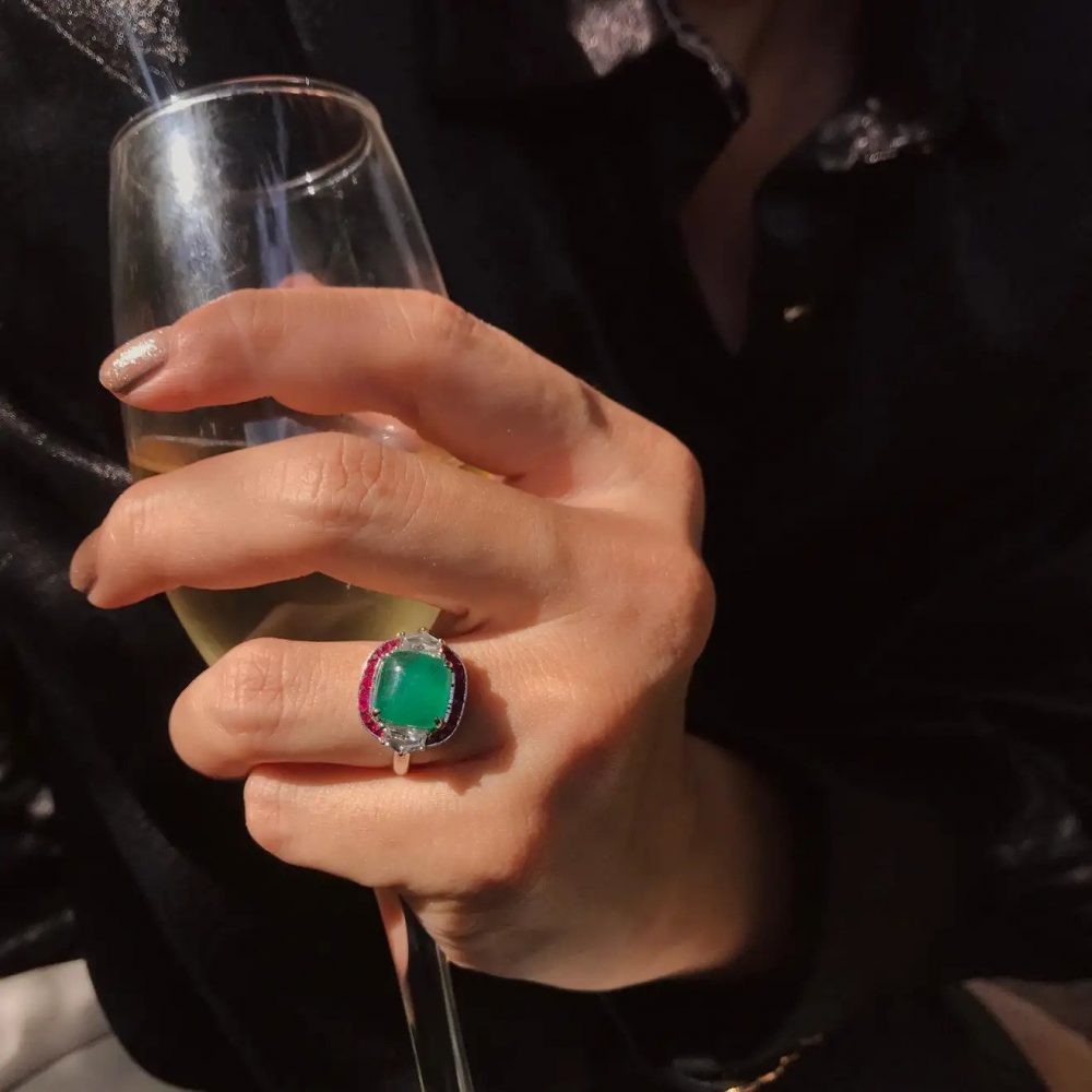 4.12ct Cabochon Natural Colombian Emerald with Ruby and Diamond Halo Cluster Ring