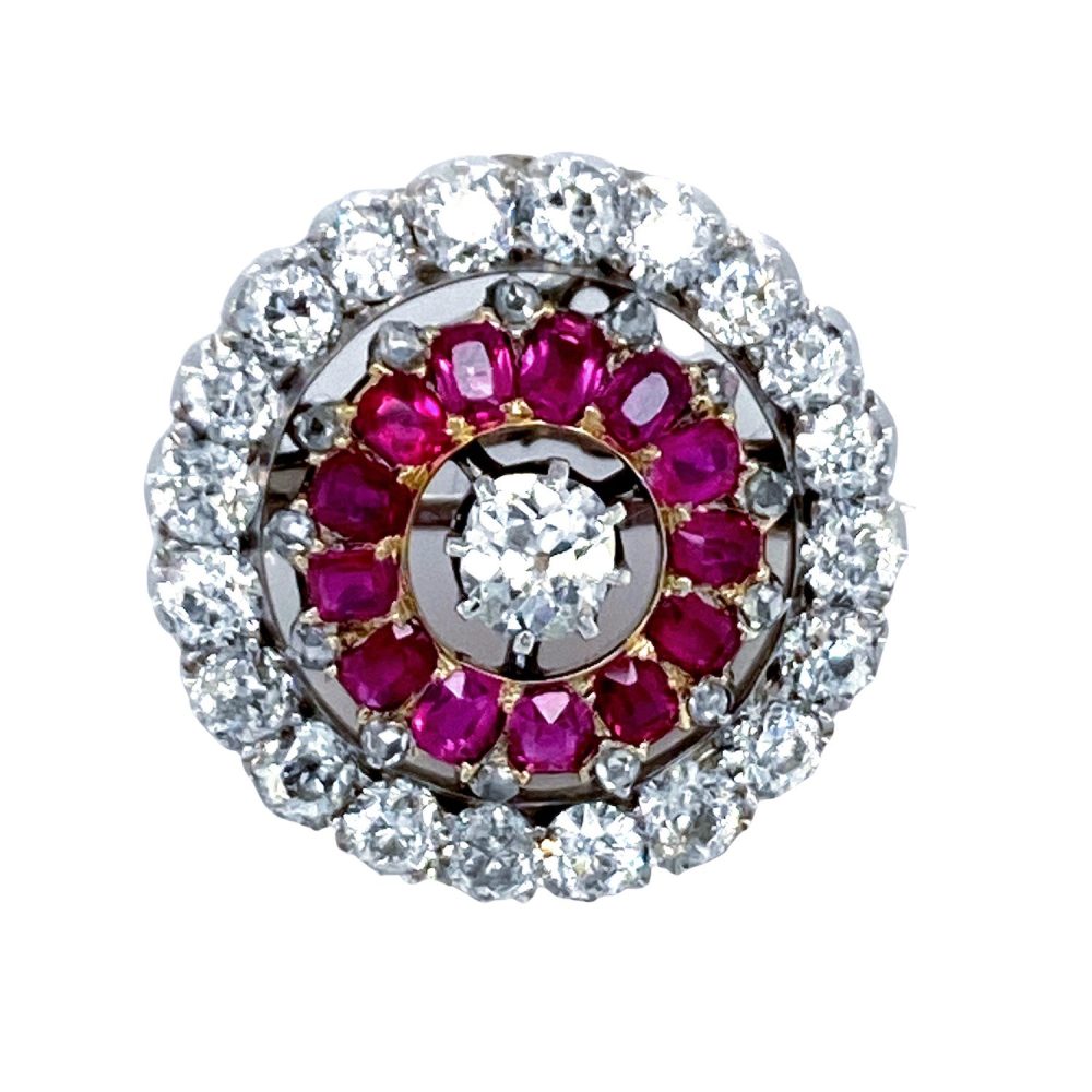 Antique Victorian Burma Ruby and Diamond Target Cluster Brooch, Rubies 1.25 carats, Diamonds 3.70 carats