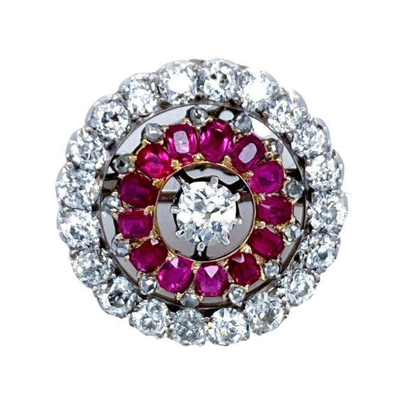 Antique Victorian Burma Ruby and Diamond Target Cluster Brooch, Rubies 1.25 carats, Diamonds 3.70 carats