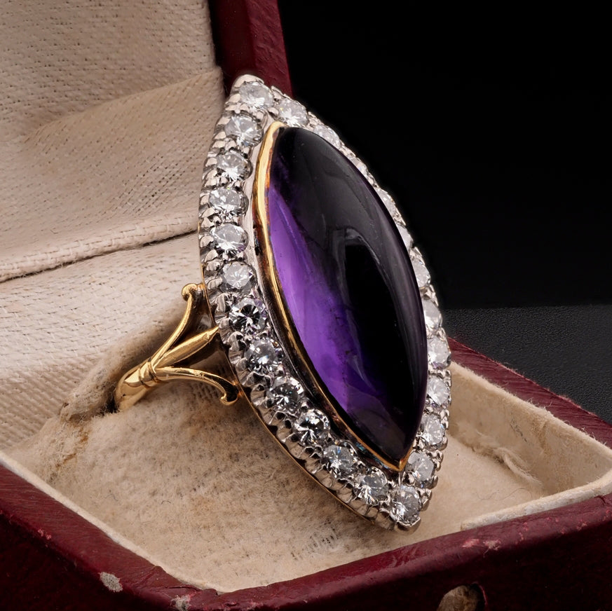 Antique 16ct Marquise Cabochon Amethyst and Diamond Cluster Navette Ring