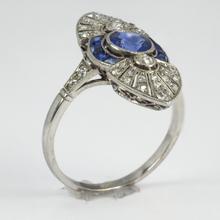 Vintage French Sapphire, Diamond and Platinum Cocktail Ring; set with 1.25cts sapphires and 0.80cts old European-cut diamonds, maker’s mark for Jean Jorens