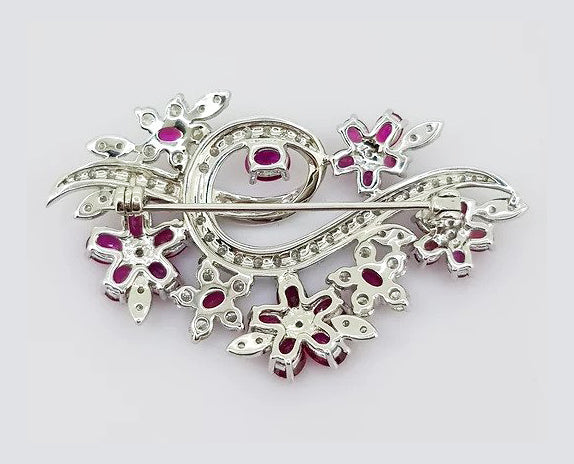 Vintage 1970s Ruby and Diamond Floral Spray Brooch