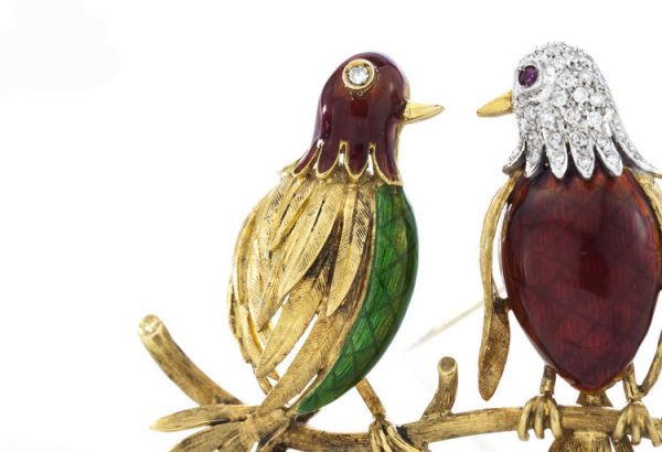 Vintage Enamel, Diamond, Ruby and 18ct Yellow Gold Bird Brooch