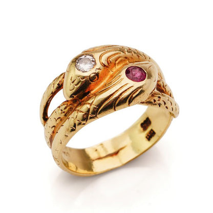 Vintage 14ct Yellow Gold Double Snake Ring with Ruby and Diamond