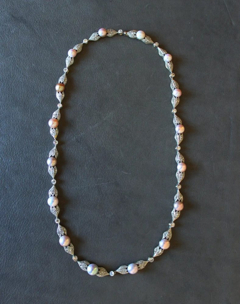 Edwardian Antique Natural Pearl and 5ct Old Cut Diamond Necklace