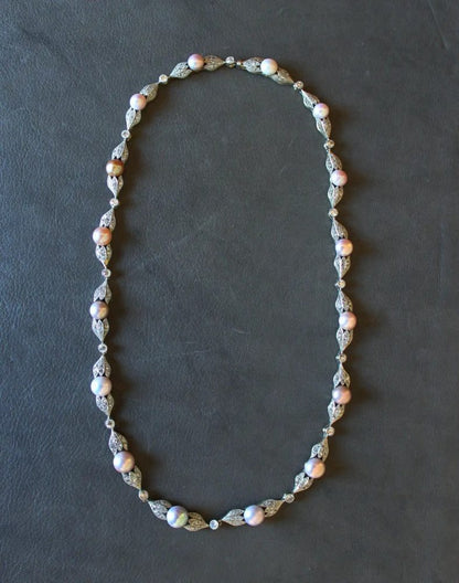 Edwardian Antique Natural Pearl and 5ct Old Cut Diamond Necklace