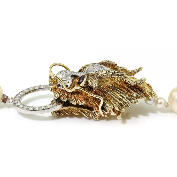 Vintage South Sea Pearl Necklace with 14ct Gold Dragon Head Clasp with Diamonds and Rubies, Circa 1970s