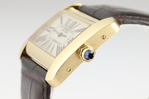 Cartier Tank Divan 18ct Yellow Gold Rectangular Quartz Watch, Large Model Ref. 2602, white dial, Roman numerals, blued steel hands, sapphire crystal, sapphire crown, Cartier brown leather strap with 18ct yellow gold pin buckle.