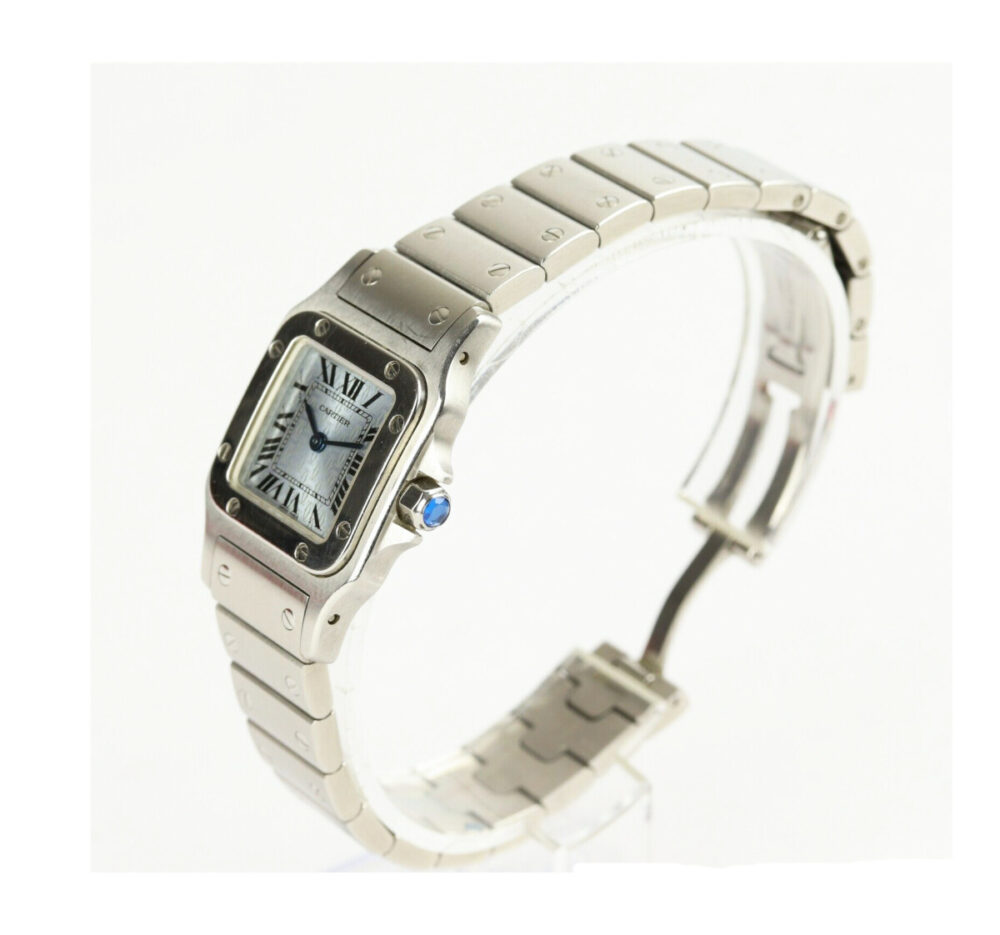 Ladies Cartier Santos Galbee Watch, Anniversary Logo Dial; square 24mm stainless steel case, silvery-blue dial, Roman numerals, blue gem set crown
