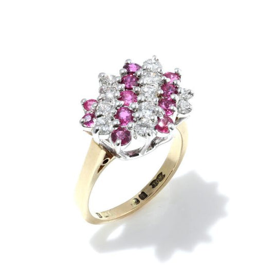 Vintage Ruby and Diamond Cluster Dress Ring in 18ct Yellow Gold, Circa 1984
