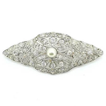 Antique Belle Epoque Diamond Brooch with Akoya Pearl