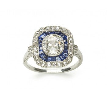 Antique Art Deco Sapphire Diamond and Platinum Ring, 1.30 carats