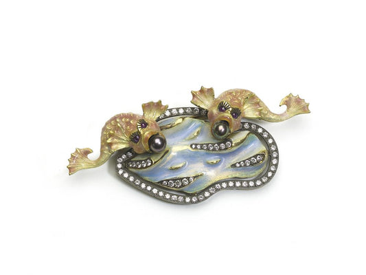 Enamel, Pearl and Diamond Fish Brooch