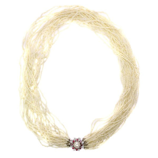 Vintage Diamond and Ruby Set Pearl Necklace with 13000 Pearls