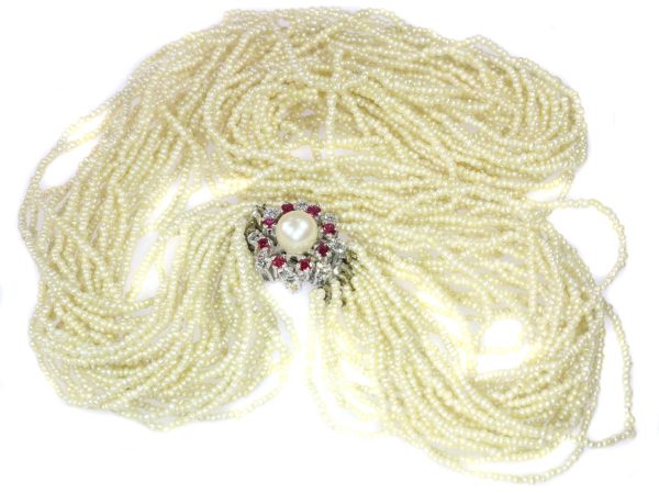 Vintage Diamond and Ruby Set Pearl Necklace with 13000 Pearls