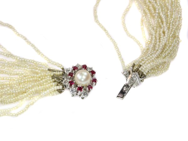 Vintage Diamond and Ruby Set Pearl Necklace with 13000 Pearls