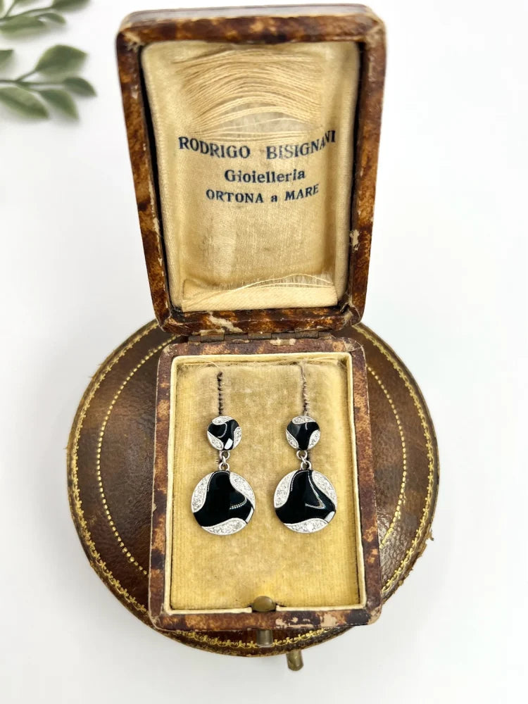Antique Art Deco Diamond And Onyx Earrings In 18 Carat White Gold