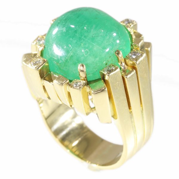Vintage Seventies Emerald and Diamond Ring, 18ct Yellow Gold
