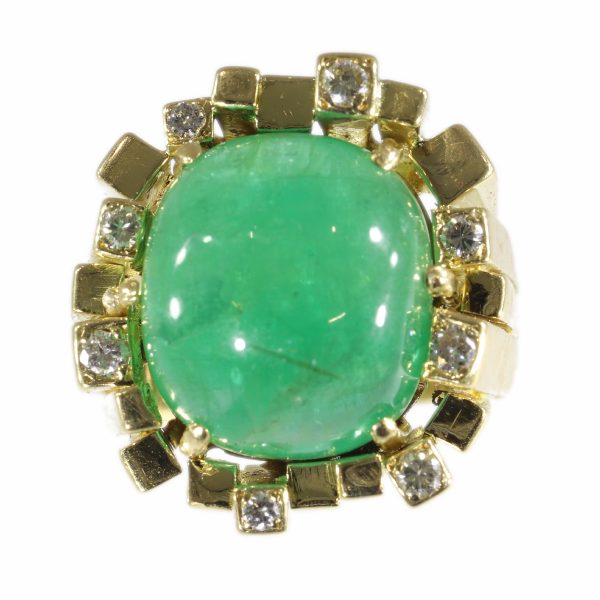 Vintage Seventies Emerald and Diamond Ring, 18ct Yellow Gold
