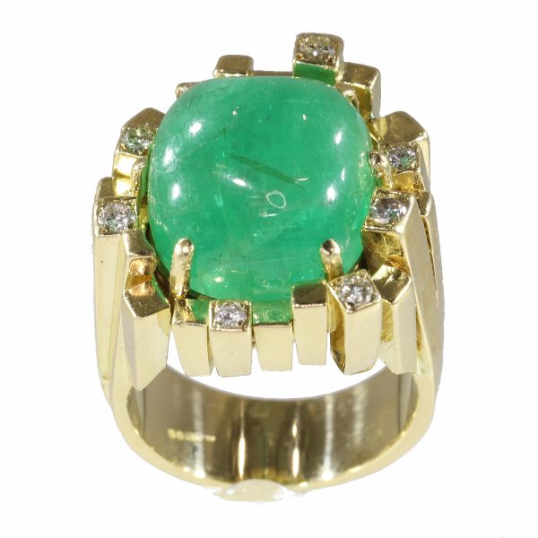 Vintage Seventies Emerald and Diamond Ring, 18ct Yellow Gold