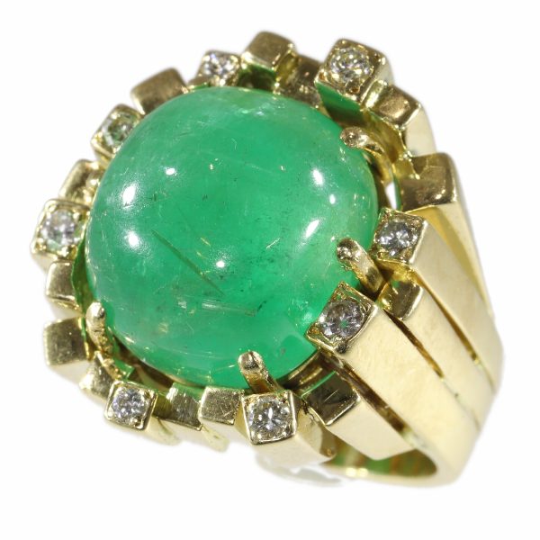 Vintage Seventies Emerald and Diamond Ring, 18ct Yellow Gold