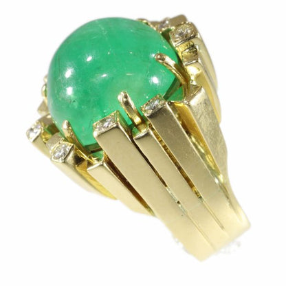 Vintage Seventies Emerald and Diamond Ring, 18ct Yellow Gold