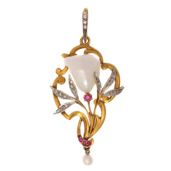 Art Nouveau pearl, diamond and ruby pendant in gold.