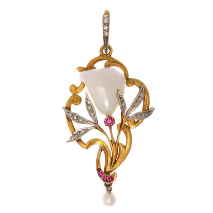 Art Nouveau Pear, Diamond And Ruby Pendant In Gold