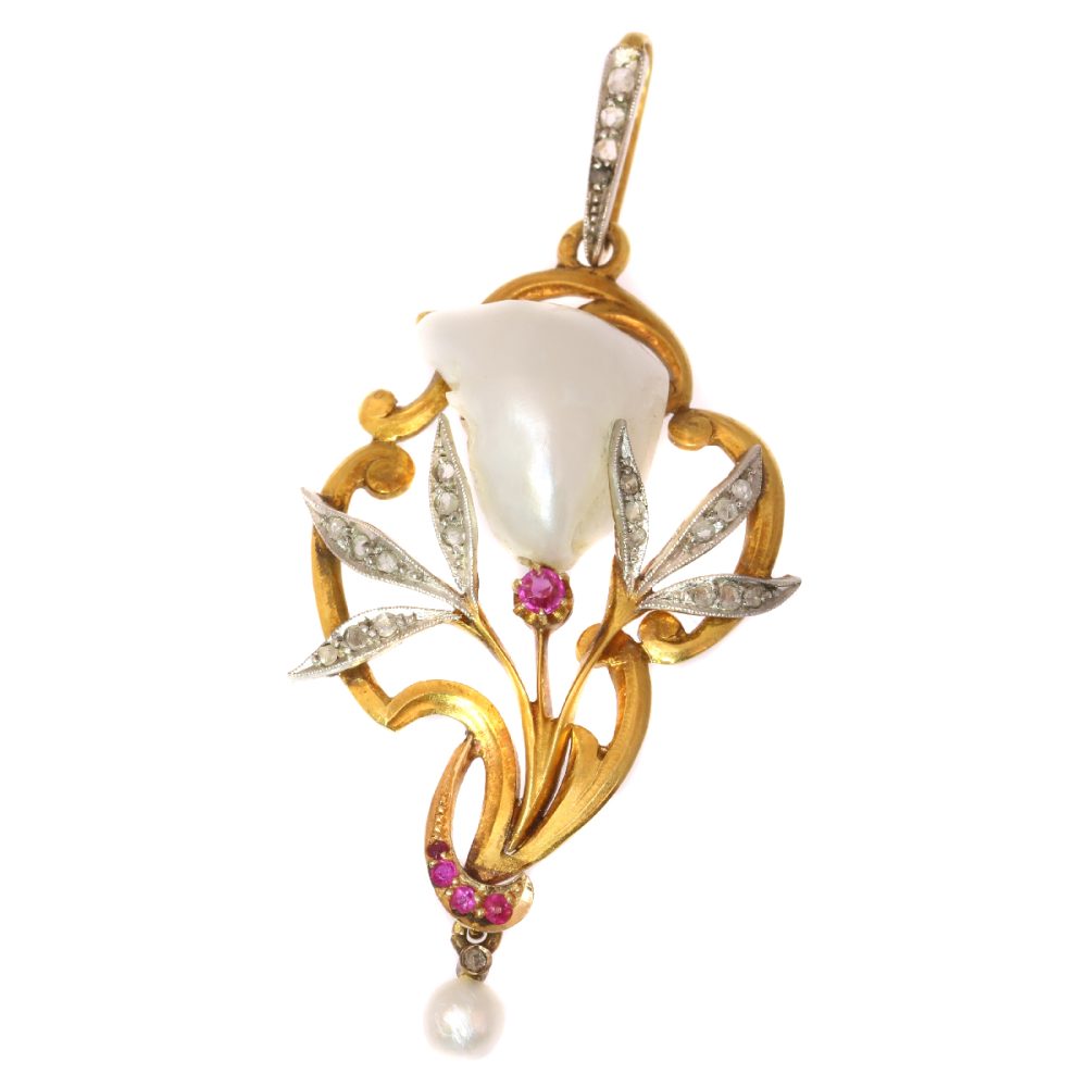 Art Nouveau Pear, Diamond And Ruby Pendant In Gold