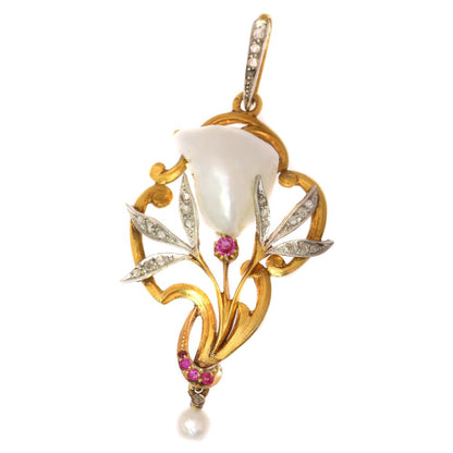 Art Nouveau Pear, Diamond And Ruby Pendant In Gold