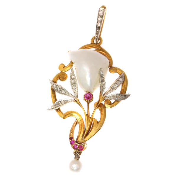 Art Nouveau Pear, Diamond And Ruby Pendant In Gold