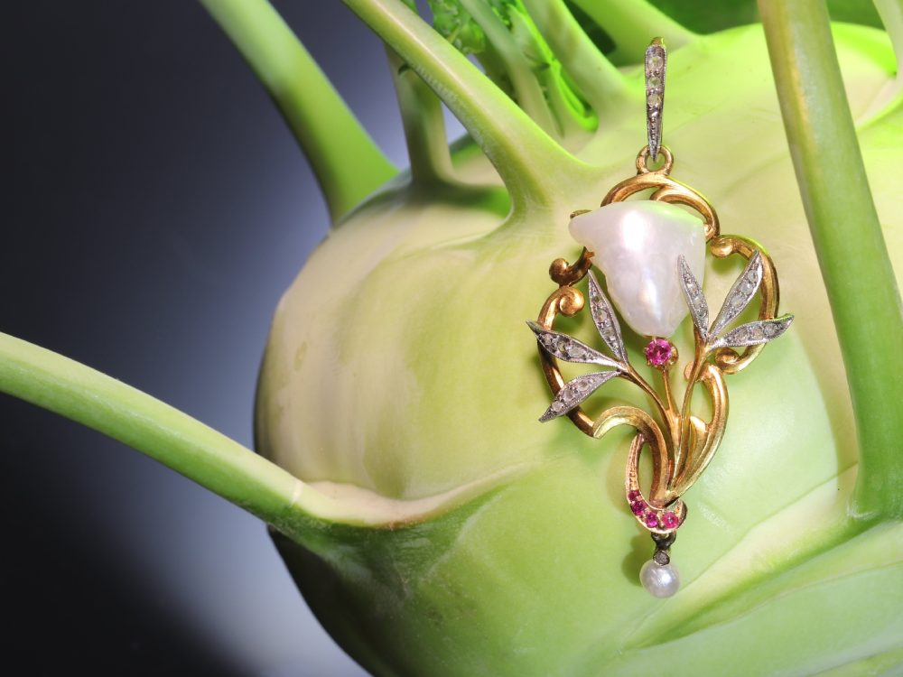 Art Nouveau Pear, Diamond And Ruby Pendant In Gold