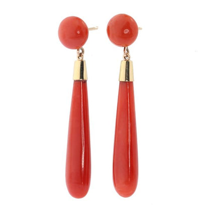 Fine Vintage Blood Coral Gold Drop Earrings