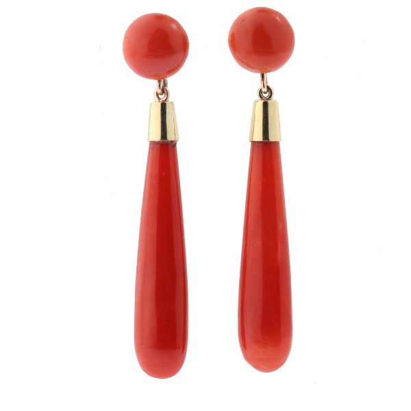 Fine Vintage Blood Coral Gold Drop Earrings