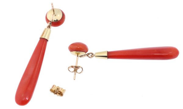 Fine Vintage Blood Coral Gold Drop Earrings