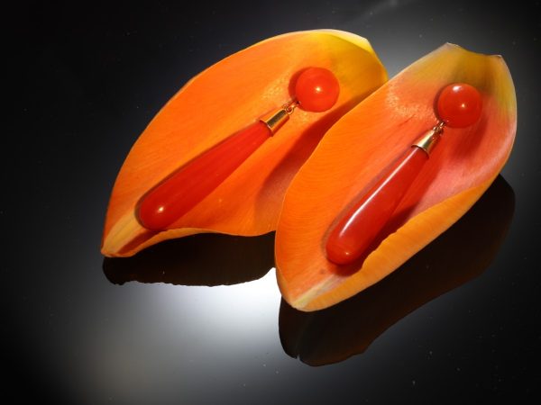 Fine Vintage Blood Coral Gold Drop Earrings