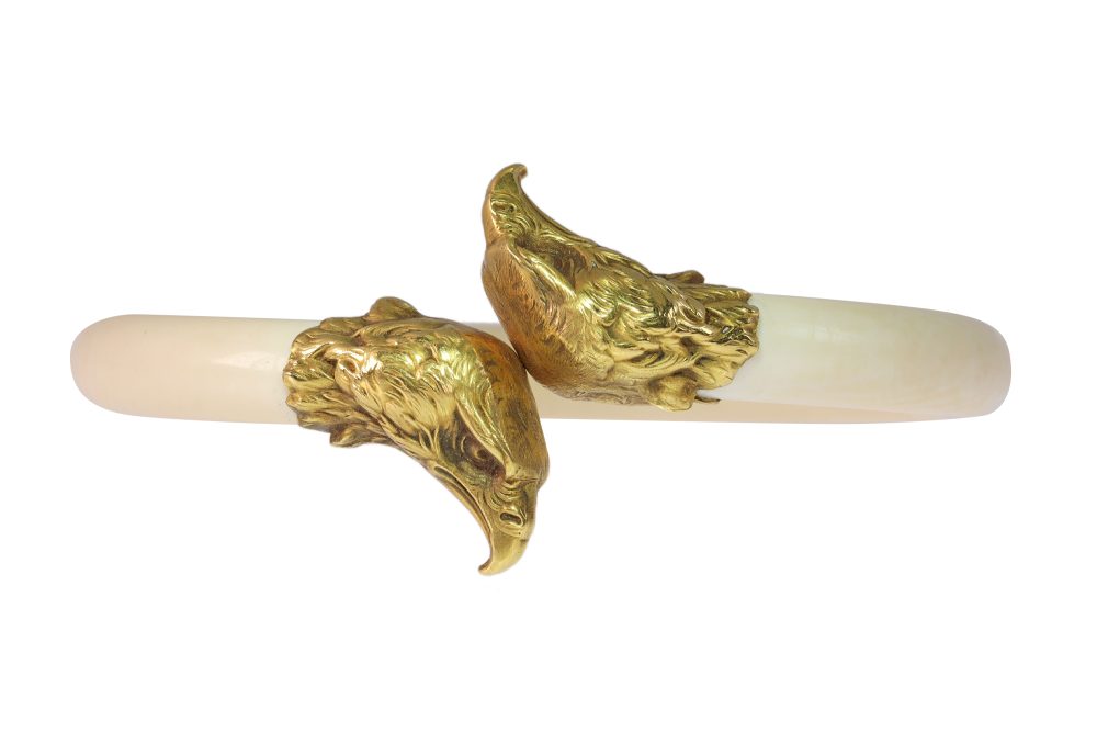 Victorian Historical Ivory Bangle With Gold Eagle's Heads